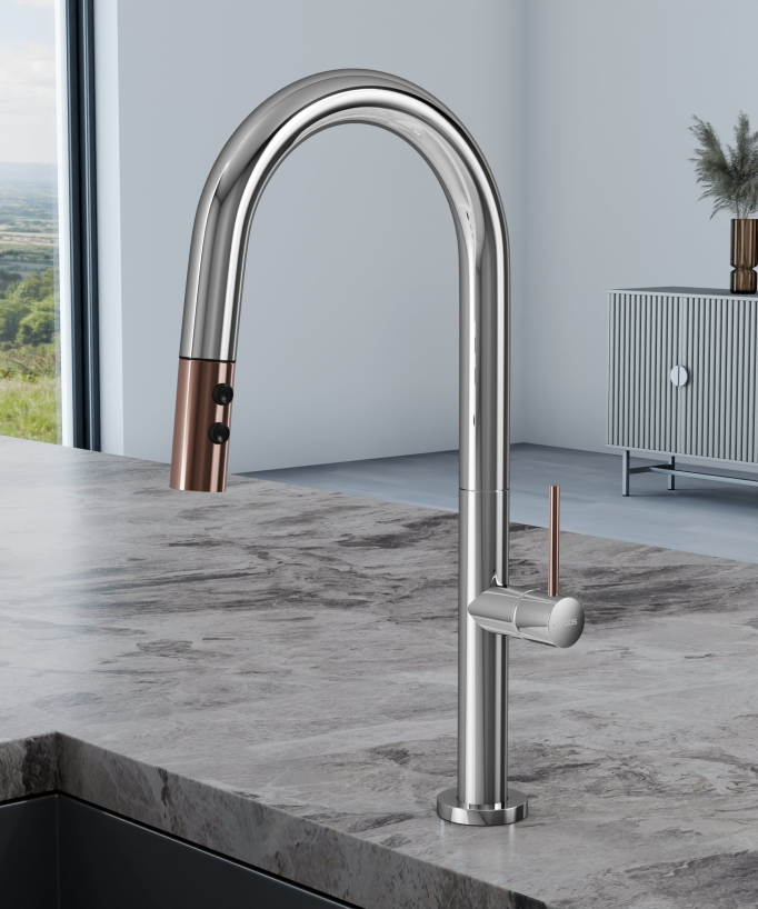 Modern Kitchen Sink Mixer Tap with Pull-Out Sprayer Chrome & Rose Gold