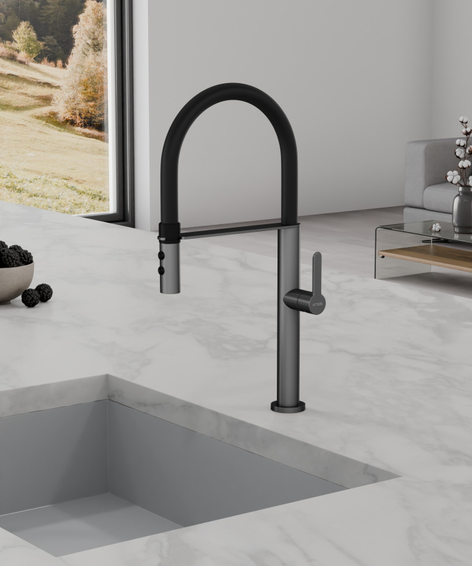 High-Arc Sink Mixer Tap with Sprayer Gunmetal