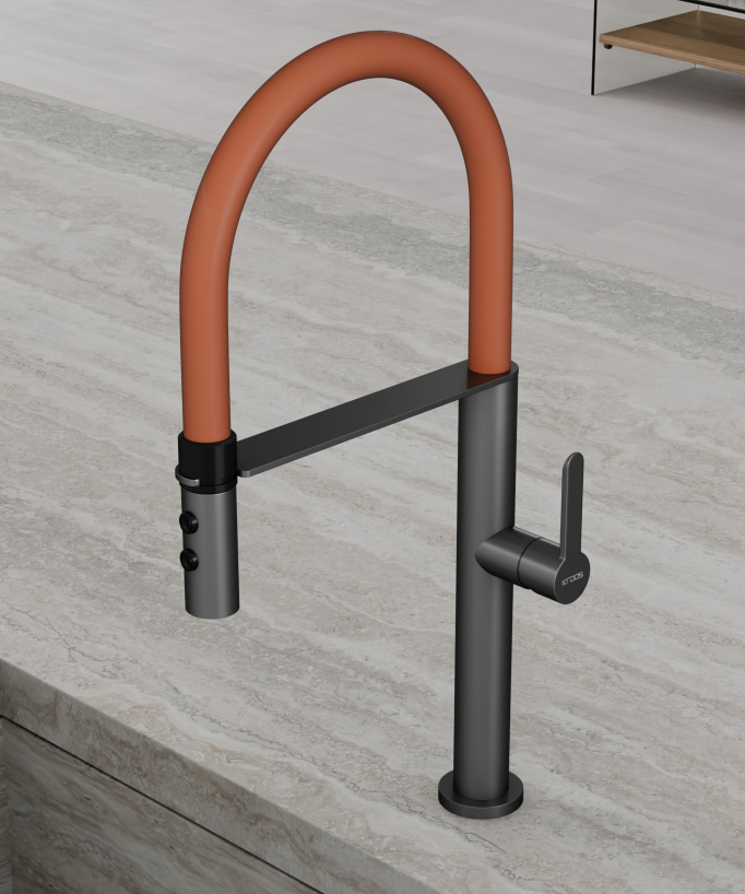 High-Arc Sink Mixer Tap with Sprayer Gunmetal & Orange