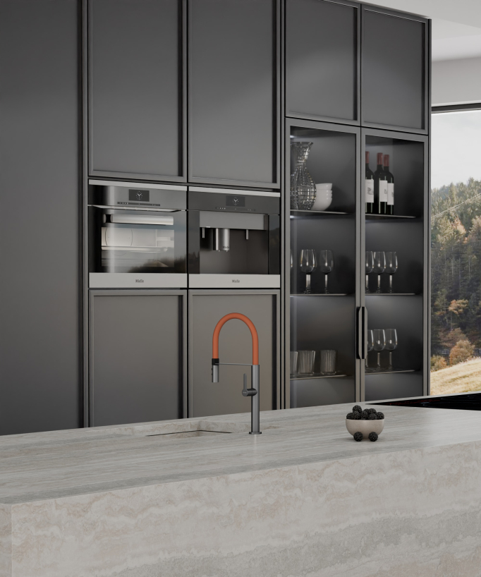 High-Arc Sink Mixer Tap with Sprayer Gunmetal & Orange