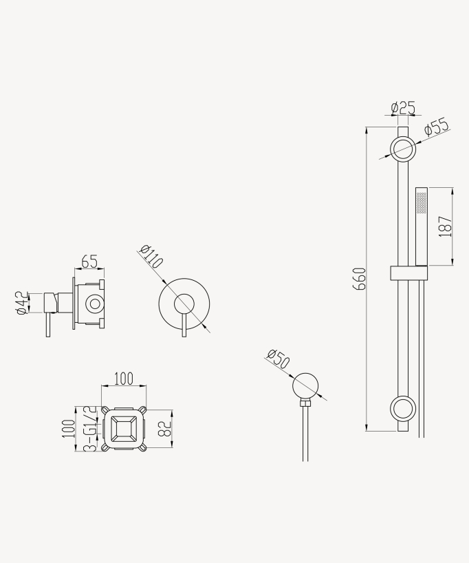 Concealed Shower Mixer Set with Slide Bar & Hand Shower Brushed Nickel - Corbeau