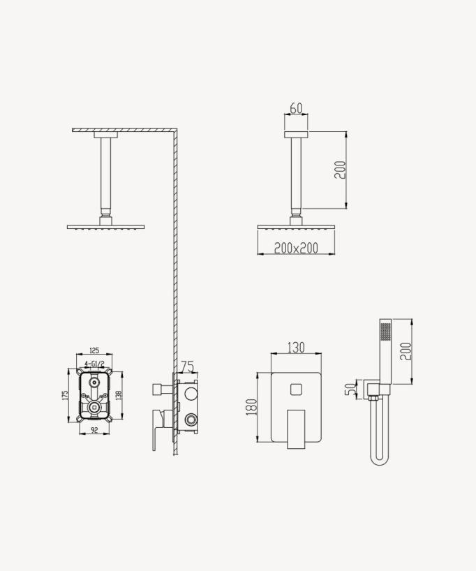Concealed Shower Column, Black Ceiling-Mounted Rain Head - Sirius