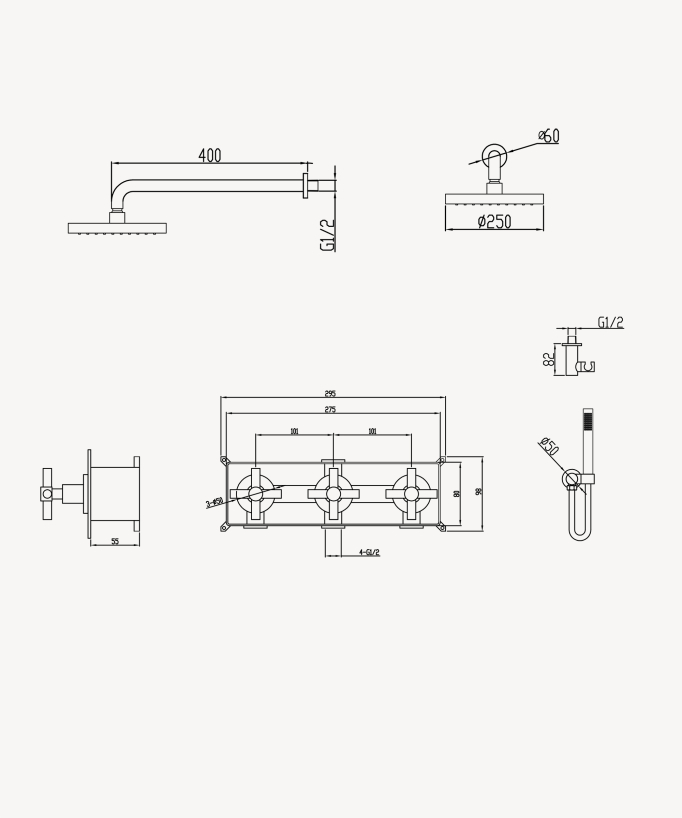 Concealed Shower Mixer Set with Cross Handles Matte Black - Corbeau
