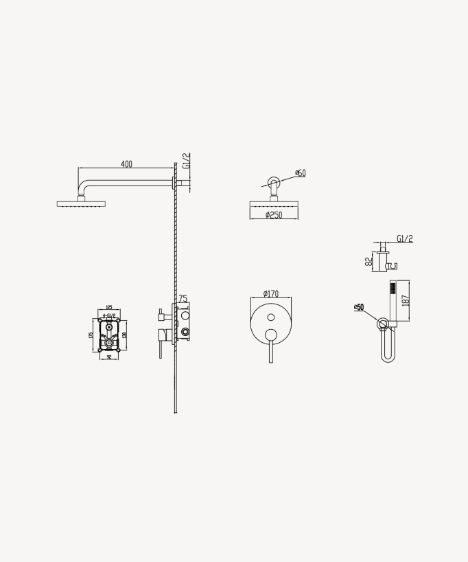 Modern Concealed Shower Kit with Rain Jet - Gunmetal - Corbeau