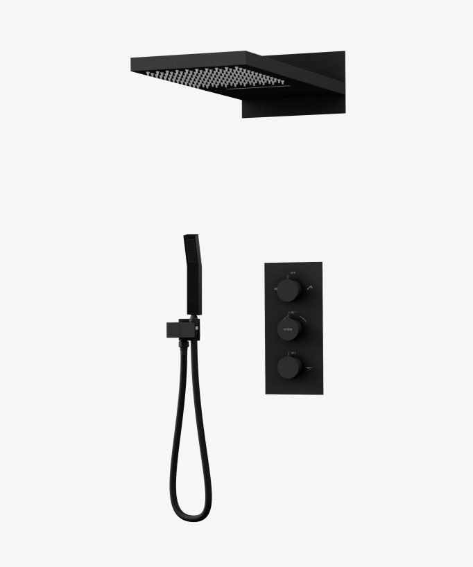 Sirius Thermostatic Concealed Shower Column with Dual Function Rain and Waterfall Head - Black