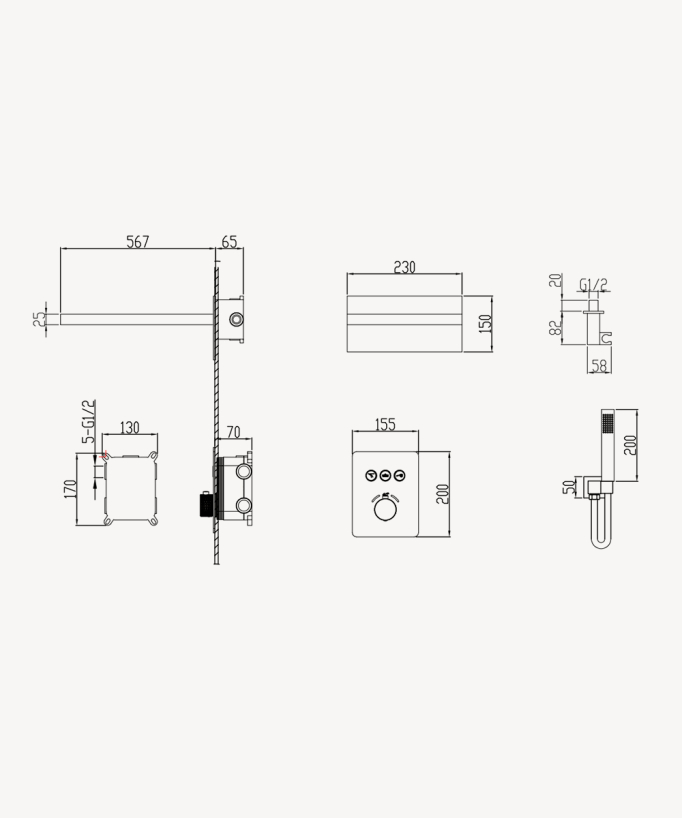 3-Function Thermostatic Concealed Shower Column - Black - Sirius