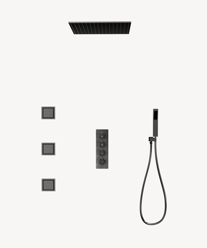 Ceiling Mounted Thermostatic Shower System 500 mm with 3 Body Jets Gunmetal - Sirius