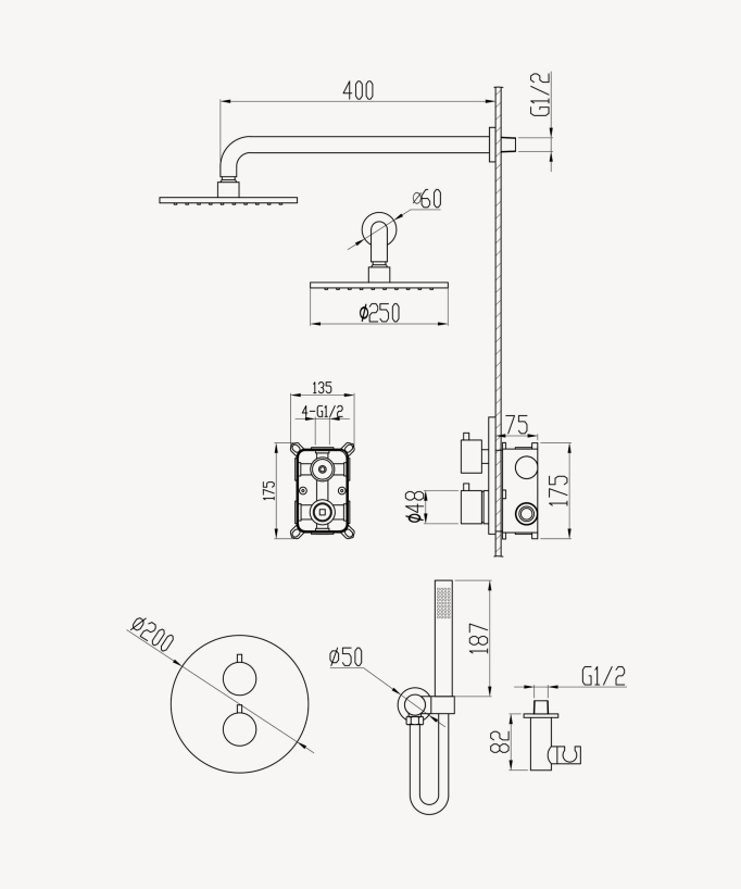 Thermostatic Concealed Shower Column with Anti-Limescale Rain Head - White - Corbeau