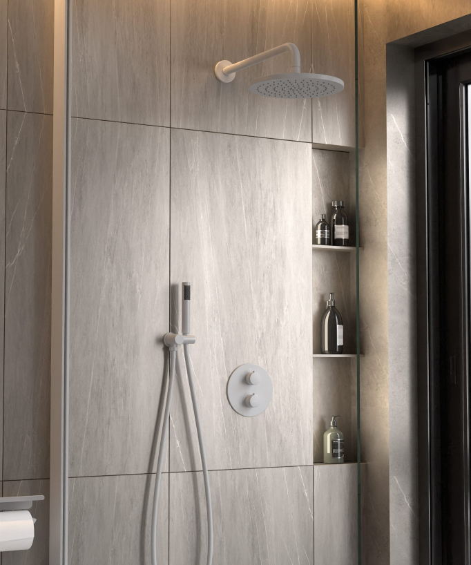 Thermostatic Concealed Shower Column with Anti-Limescale Rain Head - White - Corbeau