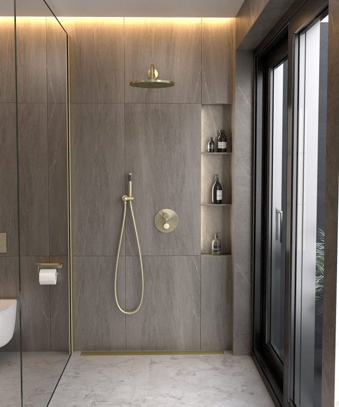 Thermostatic Concealed Shower Column with Anti-Limescale Rain Head - Brushed Gold - Corbeau