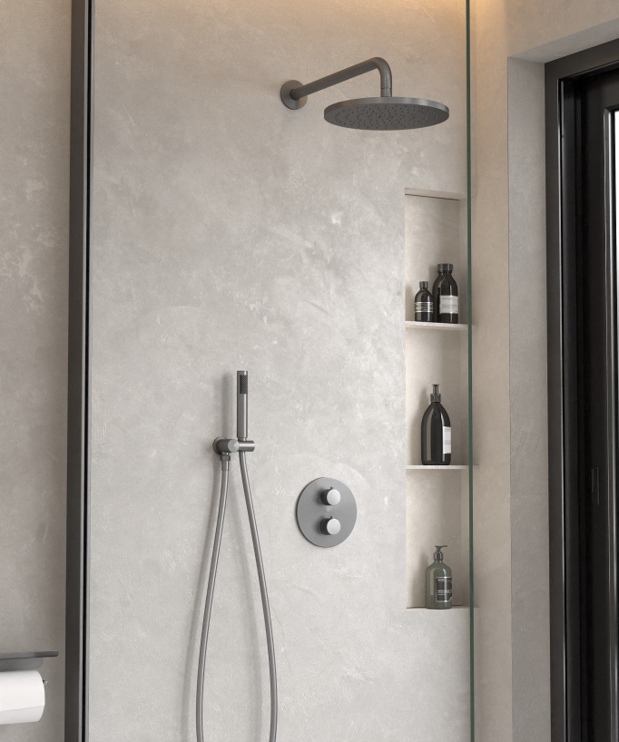 Thermostatic Concealed Shower Column with Anti-Limescale Rain Head - Gunmetal - Corbeau