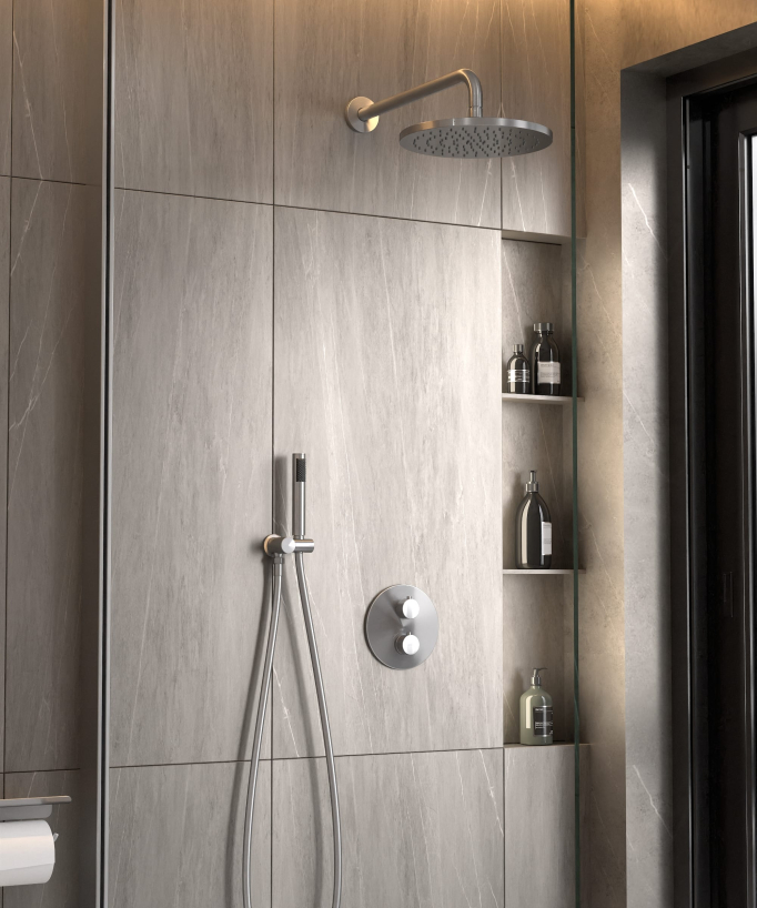 Thermostatic Concealed Shower Column with Anti-Limescale Rain Head - Brushed Nickel - Corbeau