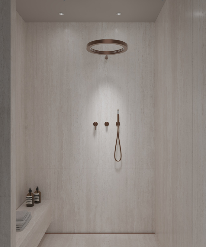 Shower kit with circular rainfall shower head Brushed rose gold – Corbeau