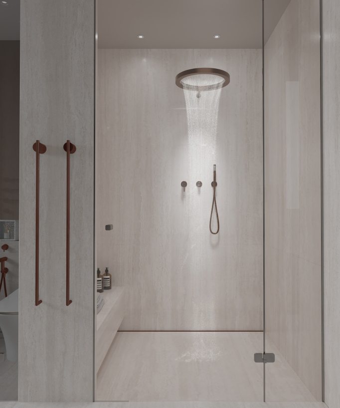Shower kit with circular rainfall shower head Brushed rose gold – Corbeau