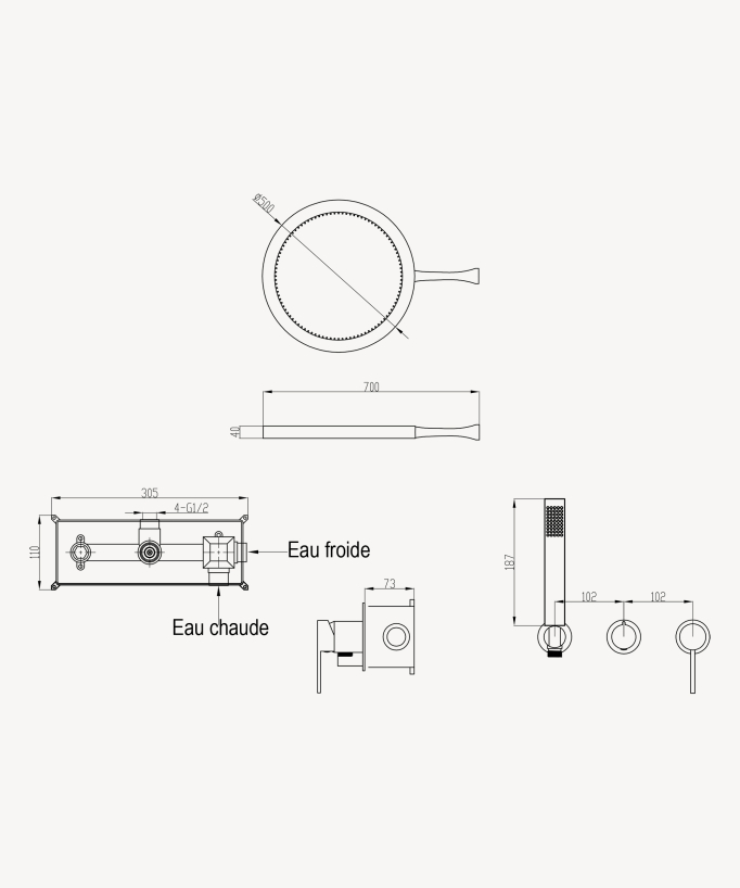 Shower kit with circular rainfall shower head Brushed rose gold – Corbeau