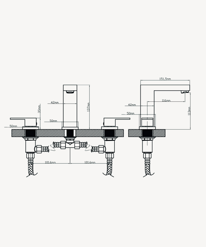 3-Hole Deck-Mounted Basin Mixer, Brushed Rose Gold - Sirius