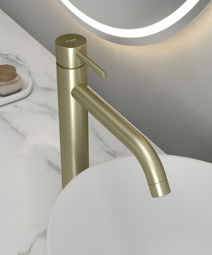 Tall Basin Mixer Tap with Long Spout, Brushed Gold - Corbeau