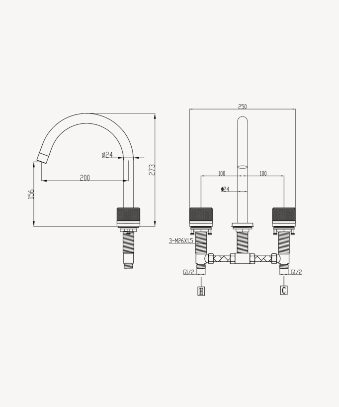 3-Hole Deck-Mounted Basin Mixer, Brushed Gold - Leros