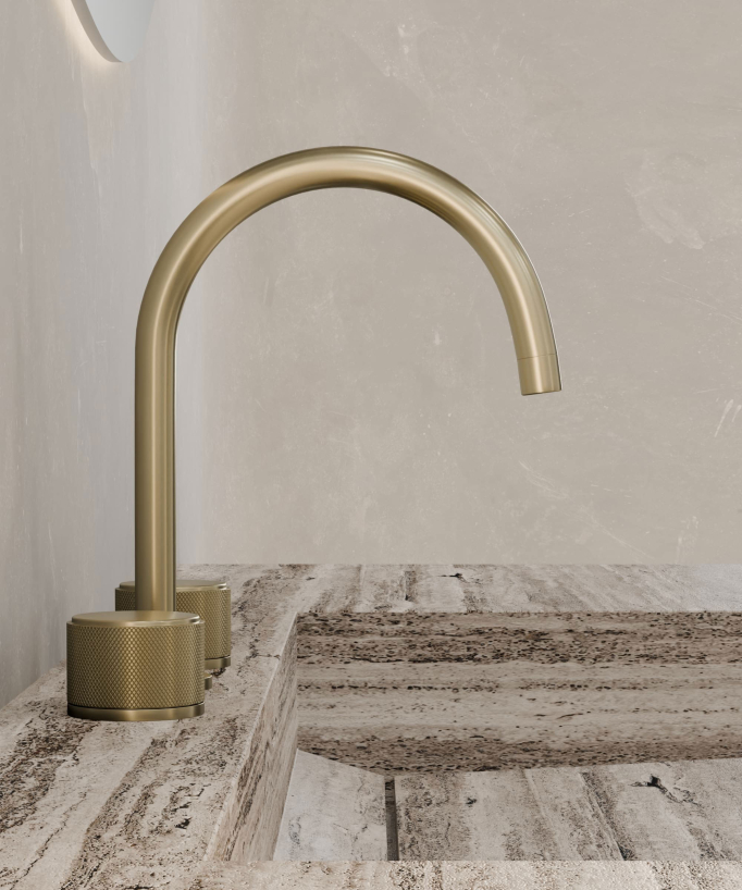 3-Hole Deck-Mounted Basin Mixer, Brushed Gold - Leros