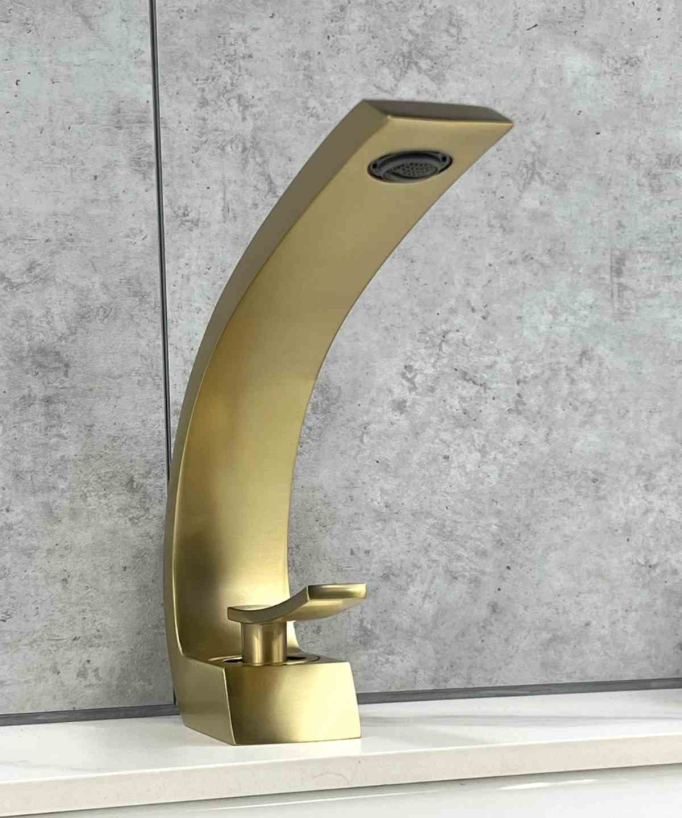 Basin Mixer Tap with Rounded Spout, Brushed Gold - Skyros