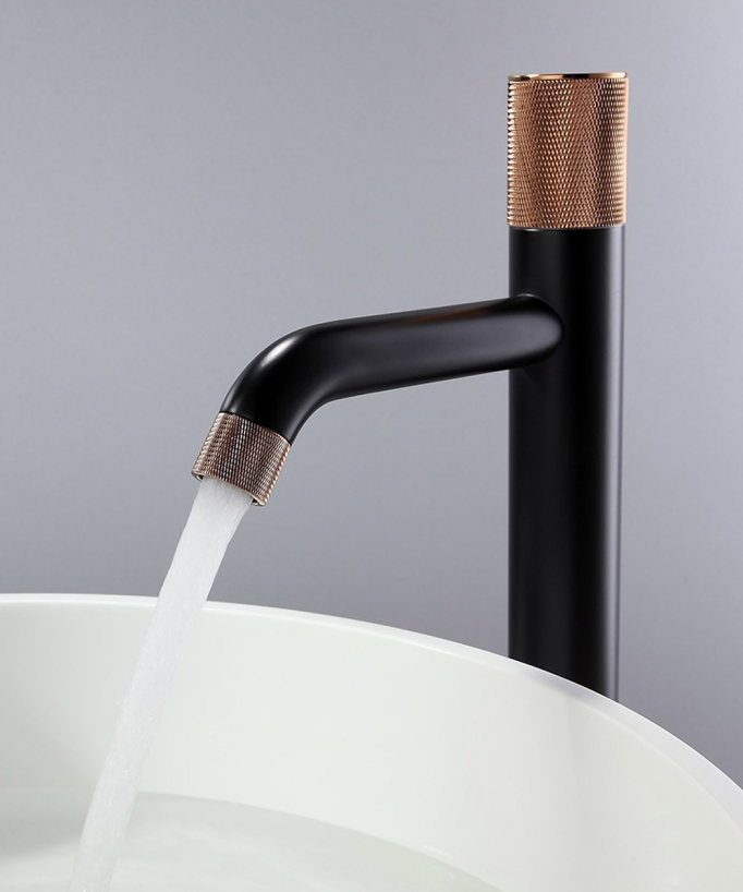 Designer Tall Basin Mixer Tap, Black & Rose Gold - Leros