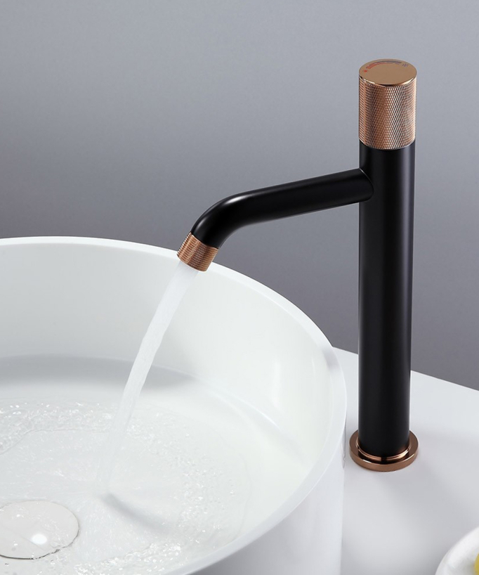 Designer Tall Basin Mixer Tap, Black & Rose Gold - Leros