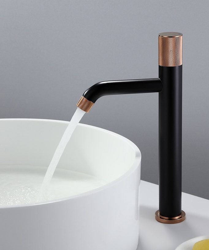 Designer Tall Basin Mixer Tap, Black & Rose Gold - Leros