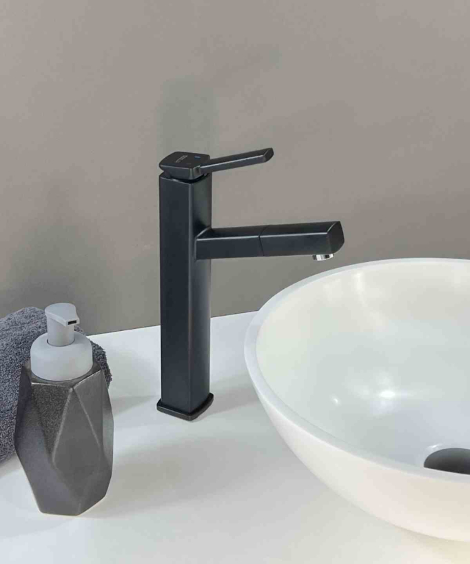 Tall Basin Mixer Tap with Pull-out Spout, Black - Graffias