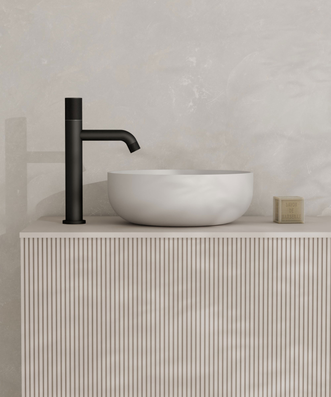 Tall Designer Basin Mixer, Black (Fixed Flow) - Leros