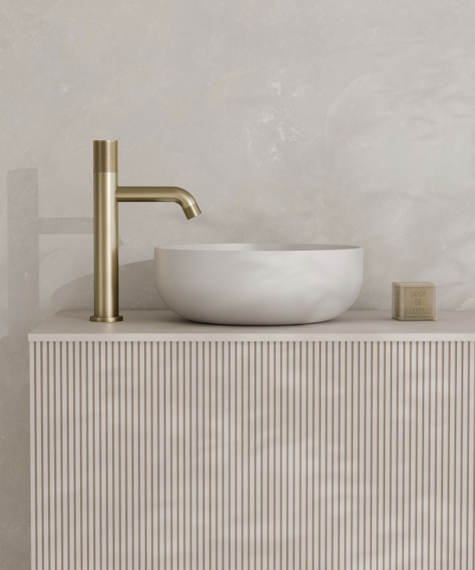 Tall Designer Basin Mixer Tap (Fixed Flow), Brushed Gold - Leros