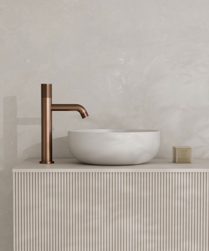 Tall Designer Basin Mixer Tap (Fixed Flow), Brushed Rose Gold - Leros