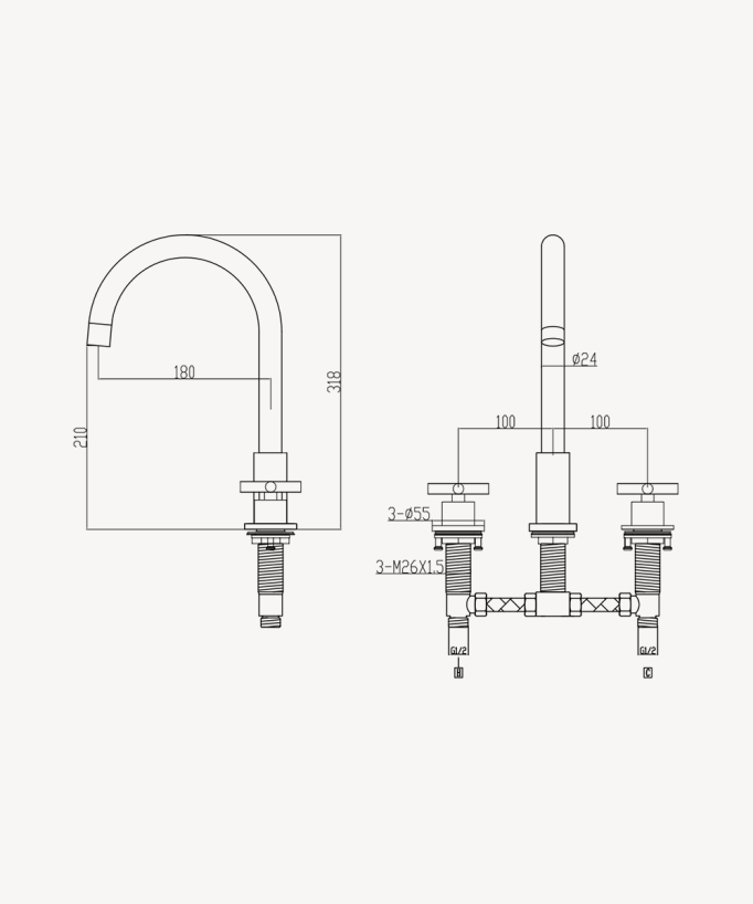 Deck-Mounted Basin Mixer, Brushed Gold - Corbeau