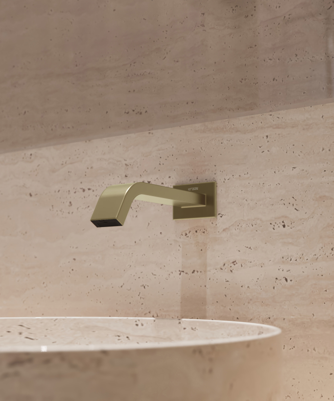 Wall-mounted automatic basin tap, cold water, brushed gold – Fiumina
