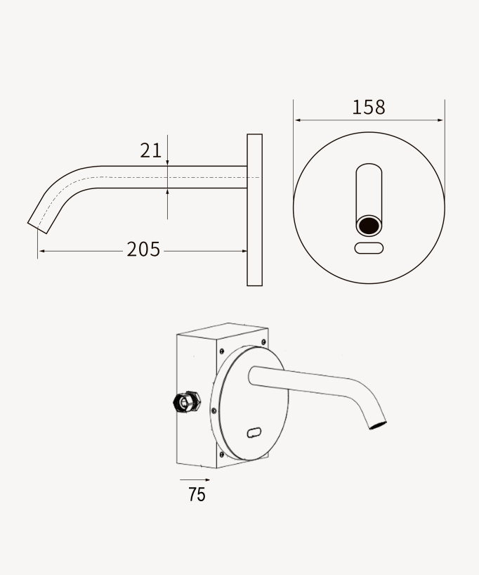 Wall-mounted automatic basin tap with backplate, cold water, brushed gold – Corbeau