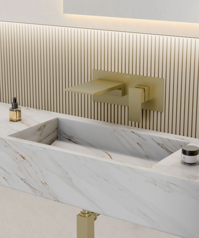 Wall-Mounted Waterfall Basin Mixer, Brushed Gold - Thilia