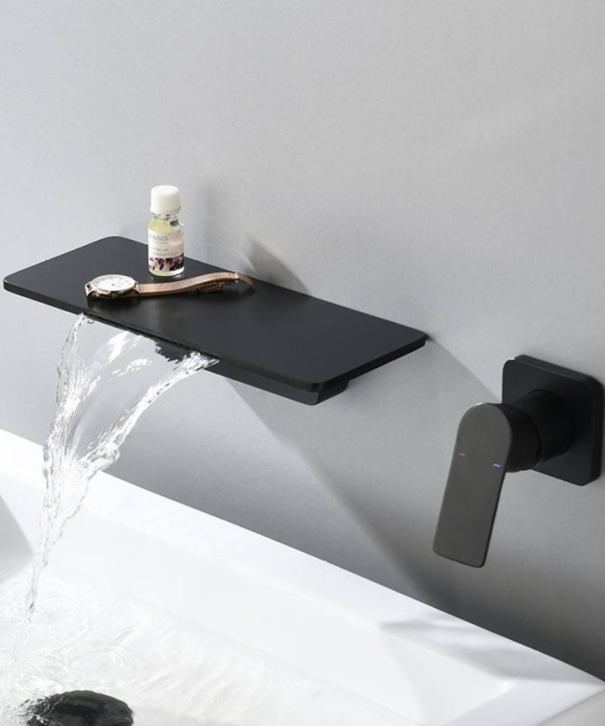 Designer Wall-Mounted Waterfall Basin Mixer - Black