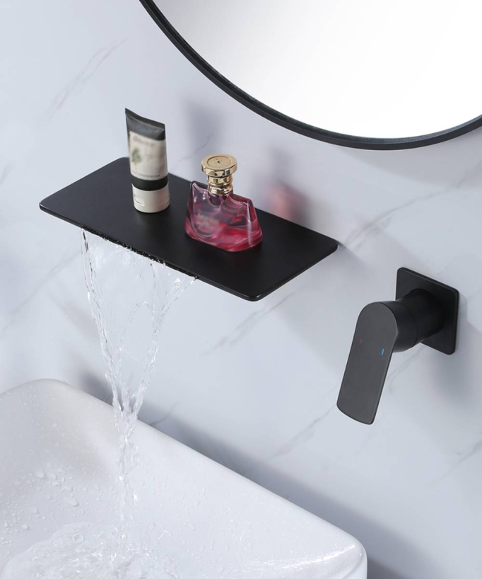 Designer Wall-Mounted Waterfall Basin Mixer - Black