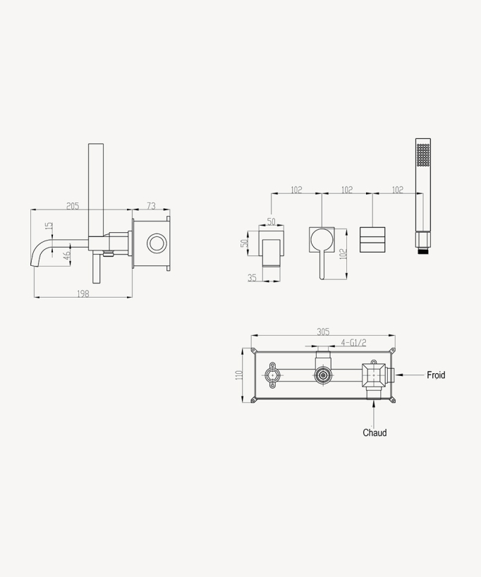 Concealed bath mixer tap with waterfall spout champagne - Fiumina