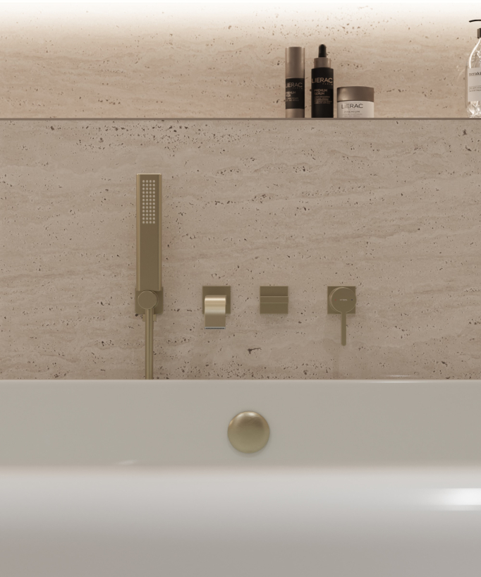 Concealed bath mixer tap with waterfall spout brushed gold - Fiumina