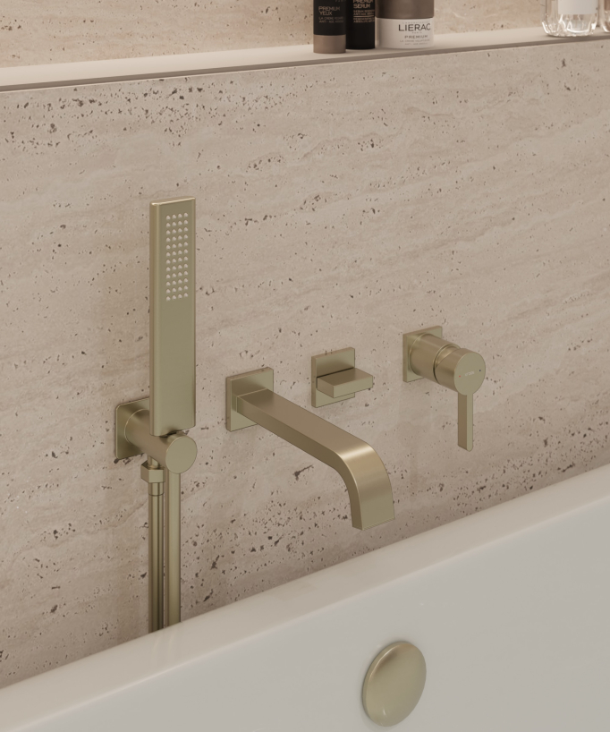Concealed bath mixer tap with waterfall spout brushed gold - Fiumina