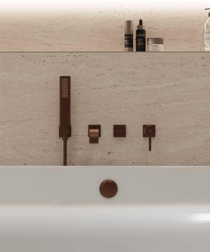Concealed bath mixer tap with waterfall spout brushed rose gold - Fiumina