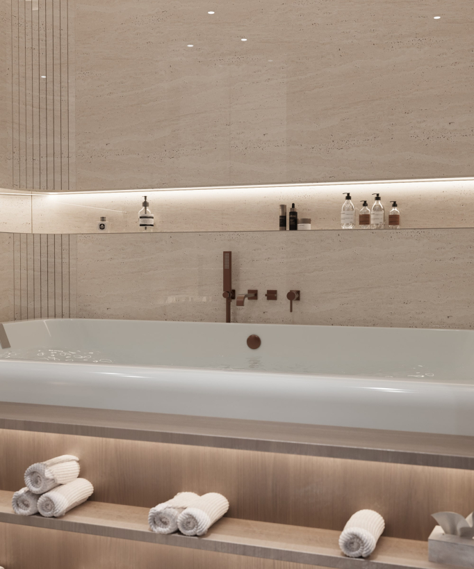 Concealed bath mixer tap with waterfall spout brushed rose gold - Fiumina