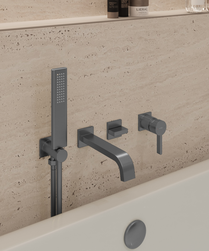 Concealed bath mixer tap with waterfall spout gunmetal - Fiumina