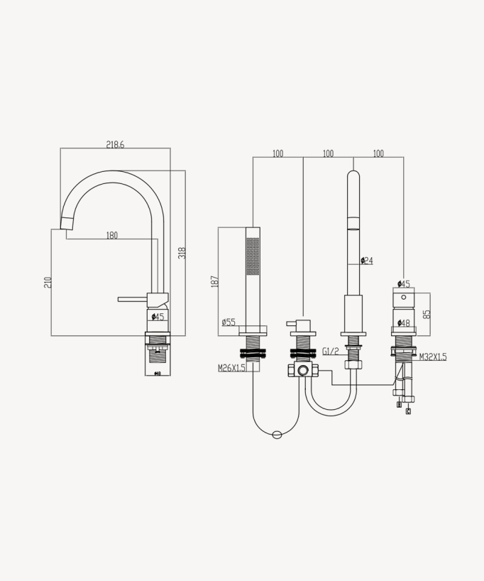 Chrome-plated 3-hole deck-mounted bath-shower mixer tap - C