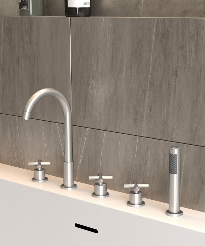 5-Hole Deck-Mounted Bath-Shower Mixer - Brushed Nickel - Corbeau