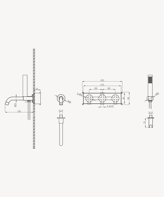 5-hole concealed bath mixer set white - Corbeau
