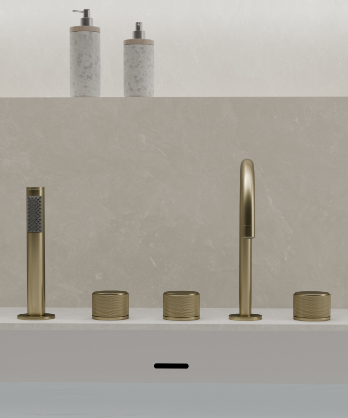 5-hole deck-mounted bath mixer set brushed gold - Leros