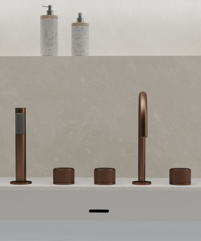 5-hole deck-mounted bath mixer set brushed rose gold - Leros