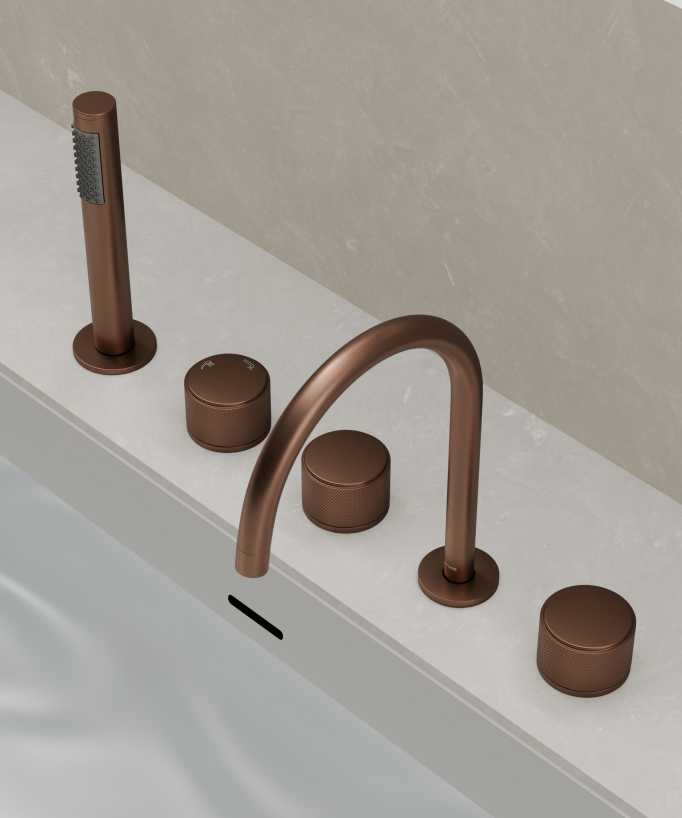 5-hole deck-mounted bath mixer set brushed rose gold - Leros
