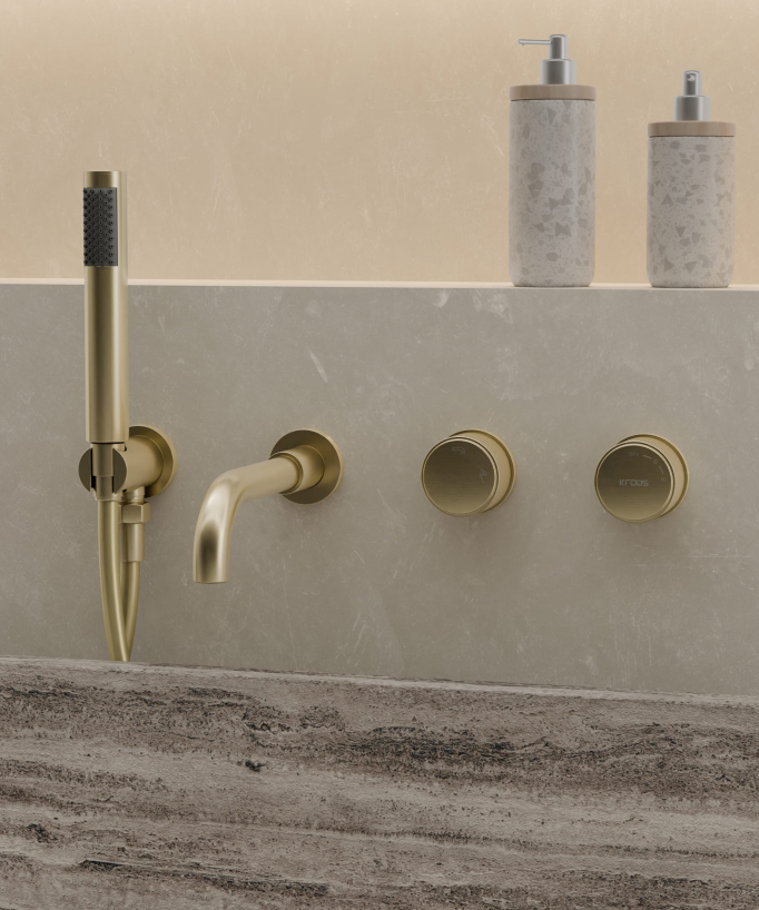 Concealed bath mixer set with hand shower brushed gold - Leros